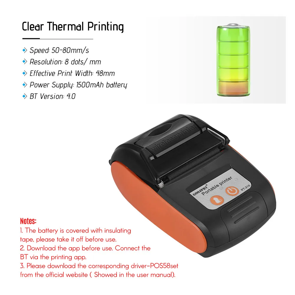 GOOJPRT PT-210 Portable Thermal Printer Handheld 58mm Receipt Printer for Retail Stores Restaurants Factories Logistics