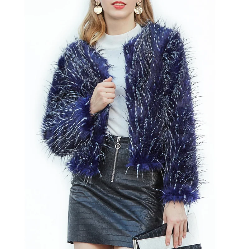 Blue Women Peacock Faux Female Furry Jacket Fall 2023 Winter Shaggy Artificial Fur Coat Abrigo Mujer KJ204