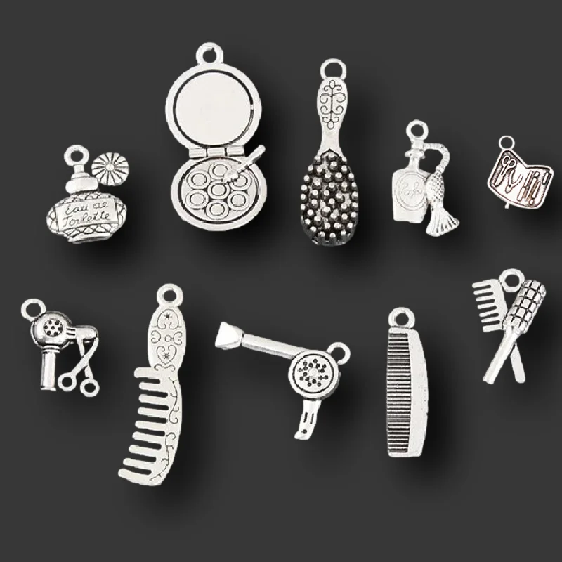 20pcs Mix Silver Plated Perfume Comb Hair Dryer Nail Bag Charms Making Fashion Girl Make Up Pendant Handmade Jewelry Accessories