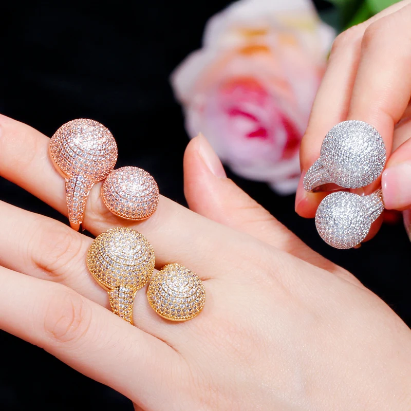 CWWZircons Adjustable Micro Pave Cubic Zirconia Ball Gold Color Fashion Ladies Engagement Finger Rings for Wedding Party R151