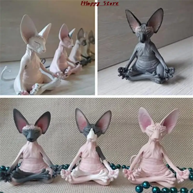 Statuette da collezione di gatti Sphynx Figurine di gatto senza pelo in miniatura Meditate Figurine di gatto modello di animale decorazioni per la