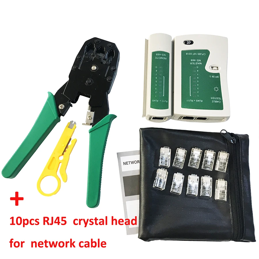 Kuman Netwerkkabeltester, RJ45 RJ11 Cat5 kabel krimper stripper met 10 stuks Crystal Connctors Tool Set P9100