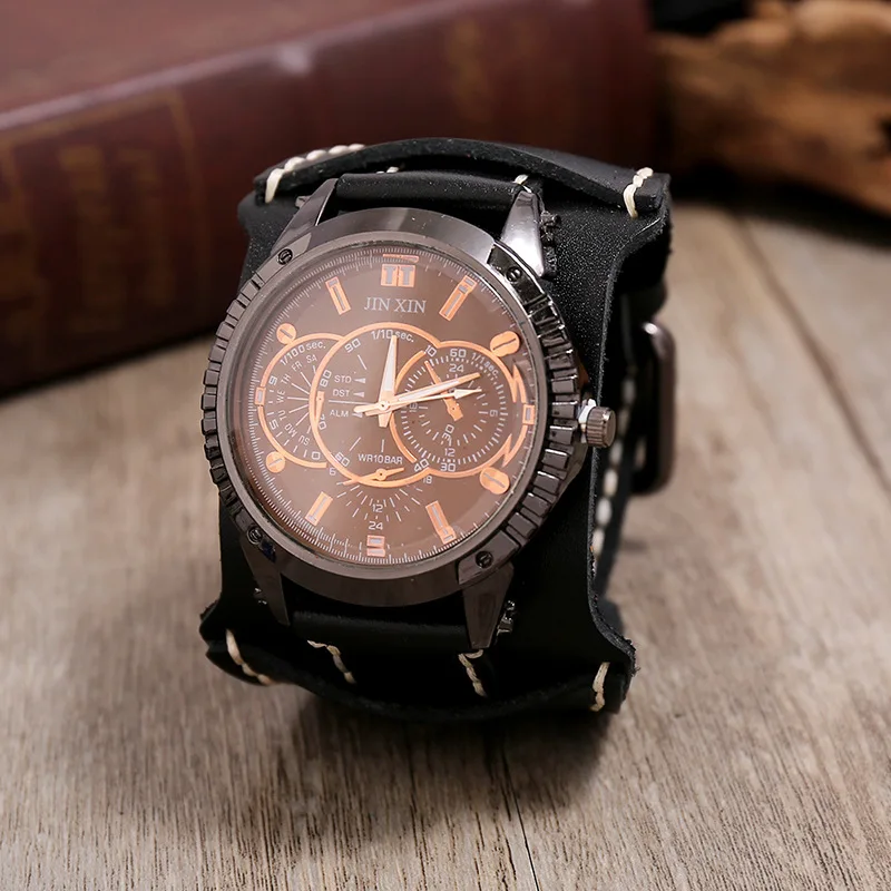 Hot Retro Wide Cow Leather Bracelet Watch Vintage Men Wrist Watches Casual Cool Punk Quartz Watches Clock Relogio reloj hombre