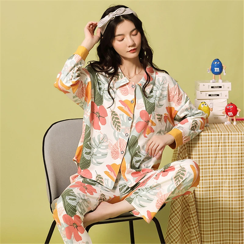 

2020 home service two-piece autumn pajamas women cotton long-sleeved Korean style breathable ladies kimono sexy printed пижама