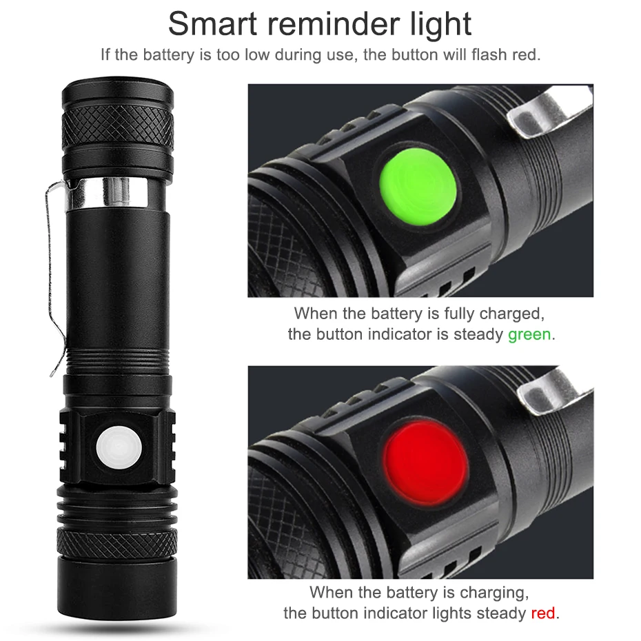 Powerful Led Flashlight USB Use Rechargeable 18650 Battery Zoom Torch T6 LED Hand Lamp Flash Light For Camping Hiking Working