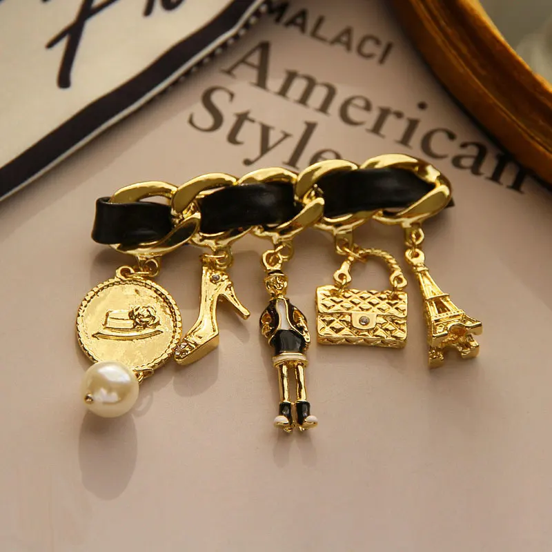 bag heels Antique French brooches For women clothing accessories chain fringed pearl pin brooches