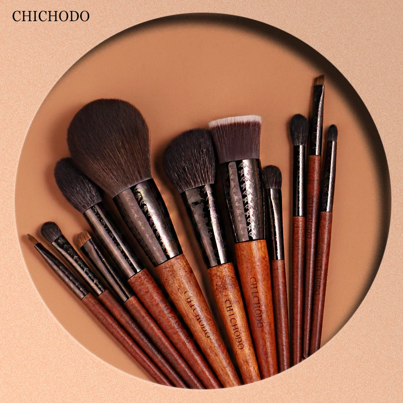 CHICHODO Makeup Brush-The Amber Series Carved Tube Brushes-11pcs Natural Hair Set-Powder Foundation Eyeshadow Makeup Tools