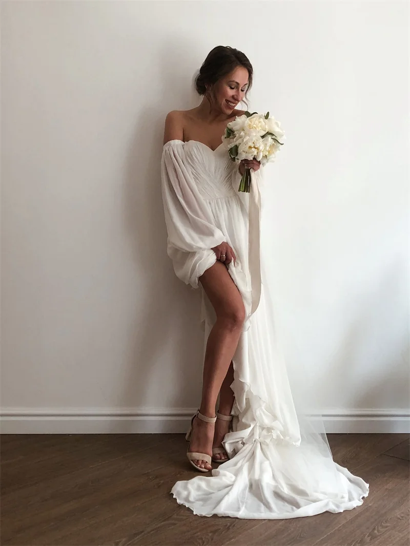 11198#Off-Shoulder  Boho Wedding Dress Bohemian Chiffon Sweetheart Long Sleeves A-Line Hourglass Open  Back Gown W/ Train