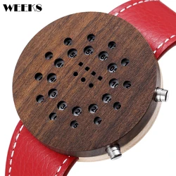 Creative Wooden Watch Hollow Case LED Display Dial Watches Leather Strap Wristwatch Walnut Wood Colorful Bamboo reloj de madera