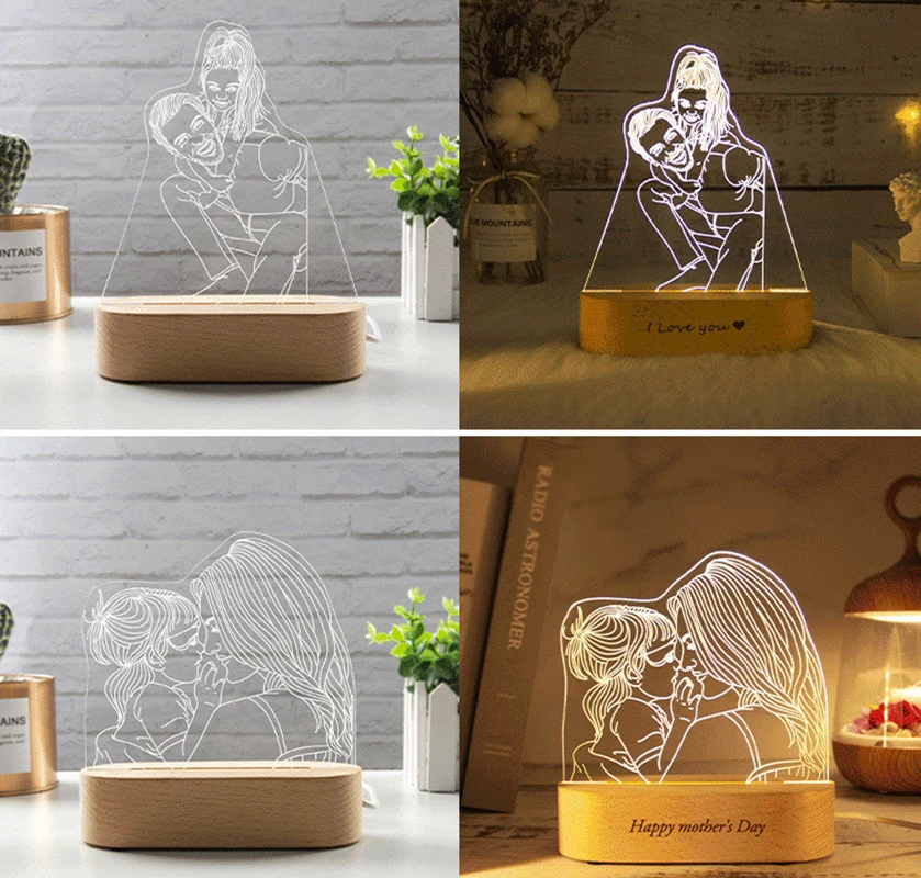 Dropshipping Gepersonaliseerde Acryl Lamp Aangepaste Foto Tekst Nachtlampje Usb Houten Base Bruiloft Moederdag Party Gift