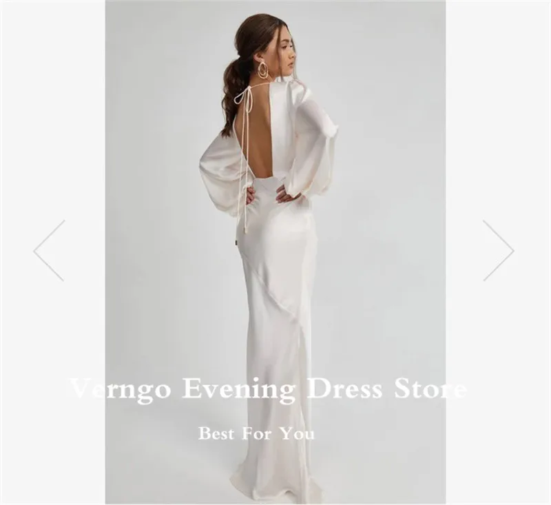 Verngo simples branco seda vestidos de noite puff mangas compridas v pescoço fenda lateral maix feminino formal ocasião vestido feito sob encomenda vestuário