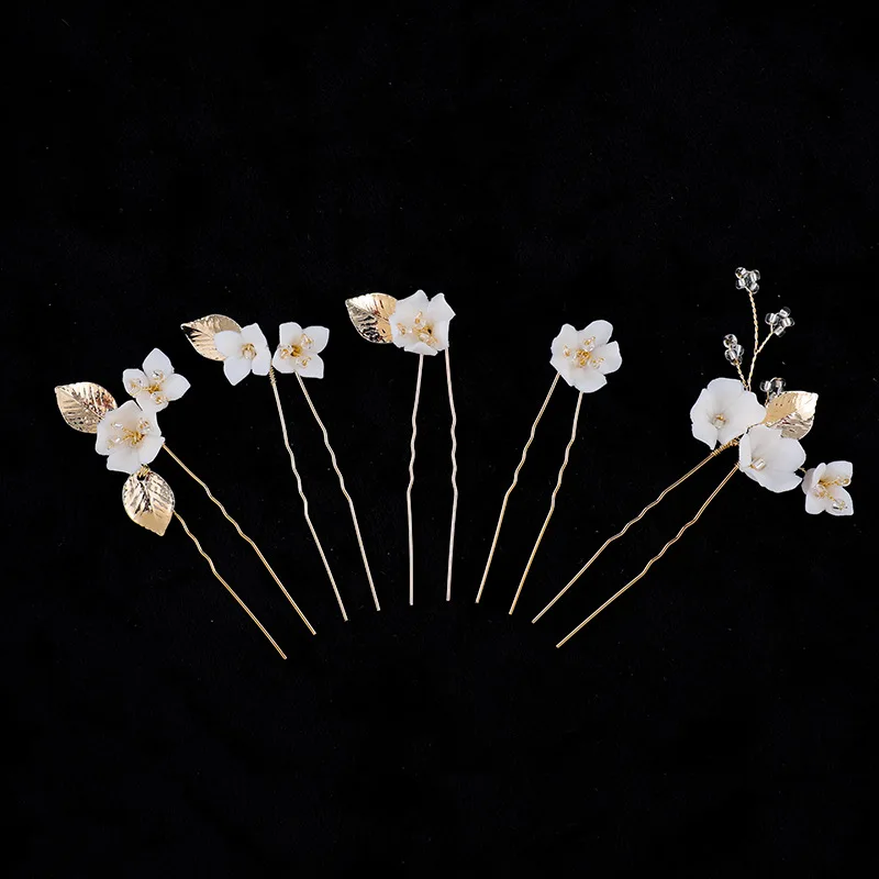 

Floralbride Handmade Alloy Leaf Ceramic Flower Pearls Bridal Hair Pin Stickers Set Wedding Hair Accessories Women Hair Jewelry