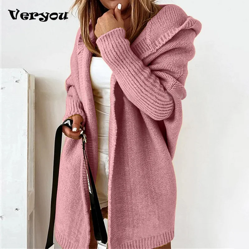 2023 New Women\'s Knitted Cardigan Sweater With Cap Collar Temperament Bat-shaped Hoodie Soft Loose Back Sstitching Sweater