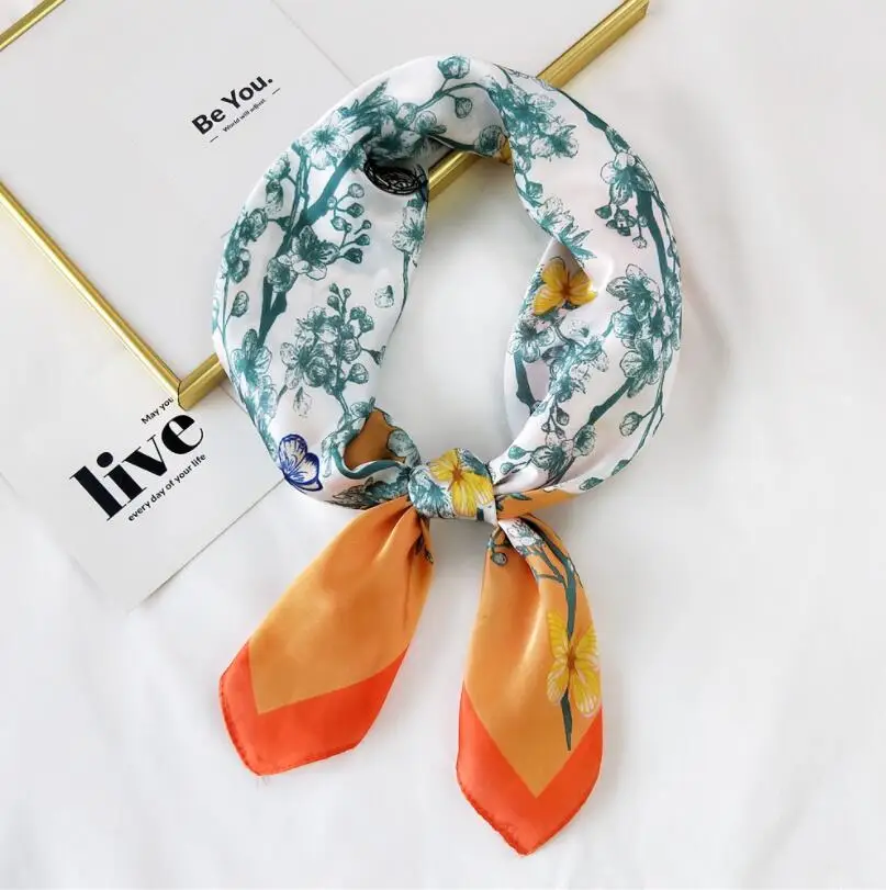 

Butterflies Flowers Prints 2021 Multifunction Casual Small Square Head Scarves for Girl Bandana Women Silk Hair Scarf Headband