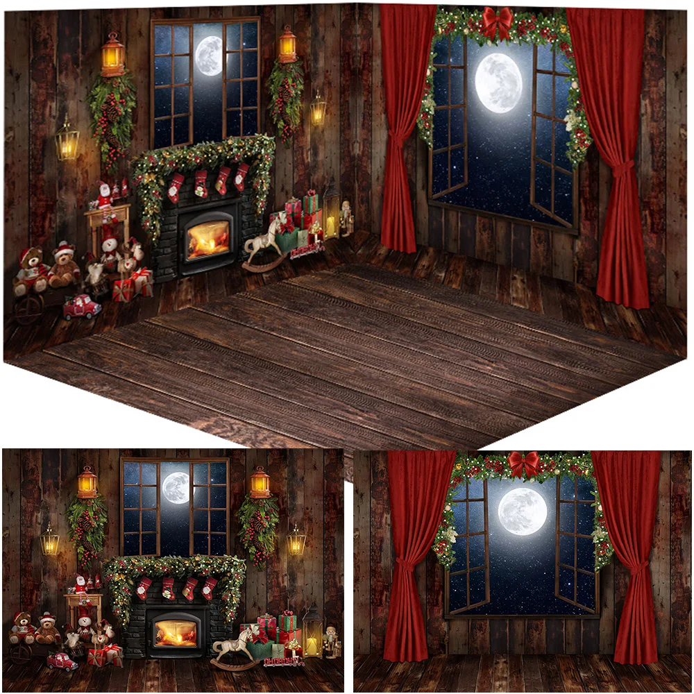 

Rustic Fireplace Birthday Cake Smash Background Winter Window Portrait Backdrop Christmas Tree Curtain Toys Socks Studio Props