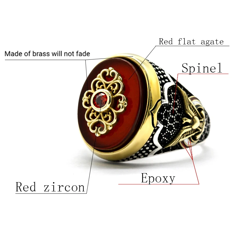 New authentic sterling silver antique Turkish red agate ring with spinel men\'s colorful punk style