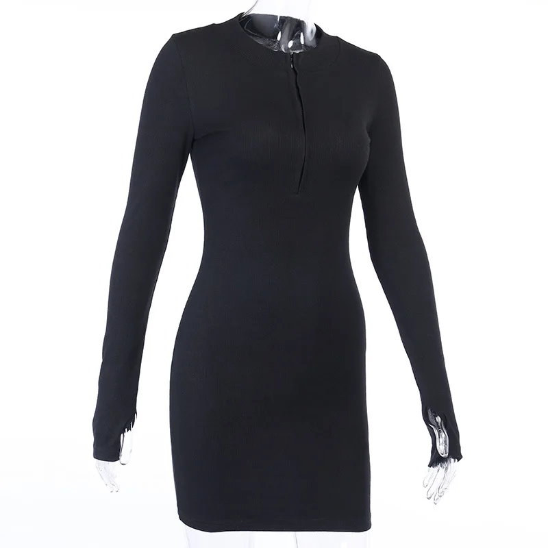 Women\'s Elegant Slim Dress 2023 Fashion Half-Zip Long Sleeve Ribbed Knitted Bodycon Mini Dress Fall Solid Club Party Dress