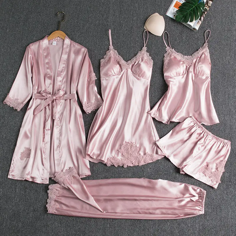 Female 5PCS Pajamas Set Sleepwear Satin Pyjamamas Lace Patchwork Bridal Wedding Gift Nightwear Silky Homewear Nighty&Robe Suit