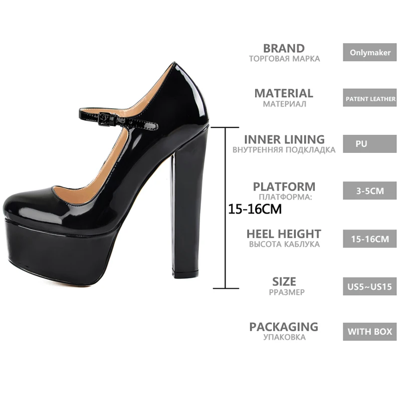 Onlymaker Women Platform Mary Janes Heeled Heels Wave Strap Ankle Strap Fashion Black Pumps