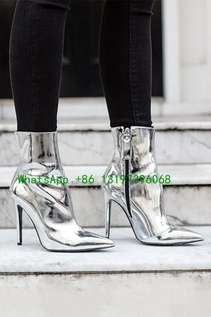 Ladies silver patent leather boots pointed toe side zipper metal boots everyday ankle boots footwear party shoes classic boots