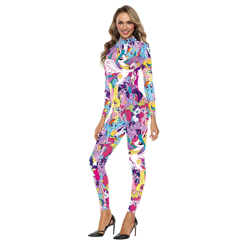 FCCEXIO Female Rainbow Unicorn Print Sexy Bodysuits Women  Back Zipper Party Slim Jumpsuits New Skinny Long Rompers