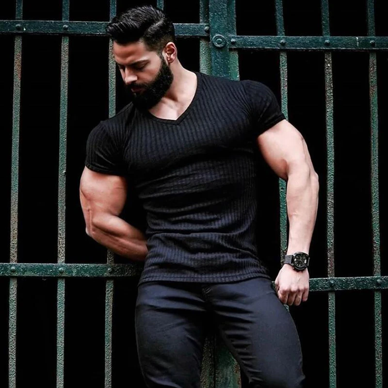 Men V Neck Short Sleeve T Shirt Fitness Slim Fit Sports Strips T-shirt Male Solid Fashion Tees Tops Summer Knitted Gym Clothing