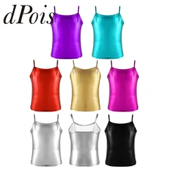 Big Girls Spaghetti Shoulder Straps Shiny Metallic Color Camisole Tank Top for Dance Competition Stage Performance Dance Vest