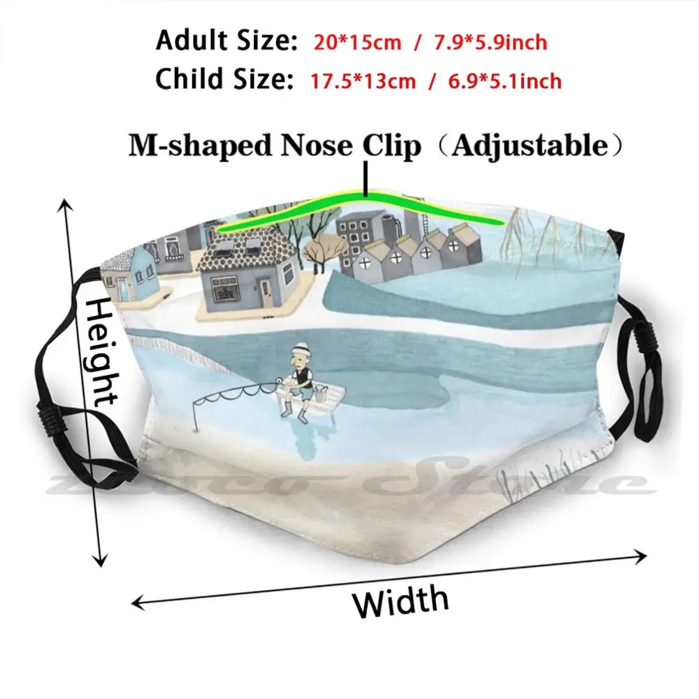 The Fisherman And The Moon Mask Adult Child Washable Pm2.5 Filter Logo Creativity Fisherman Lake At Night Grey Moon Industrial