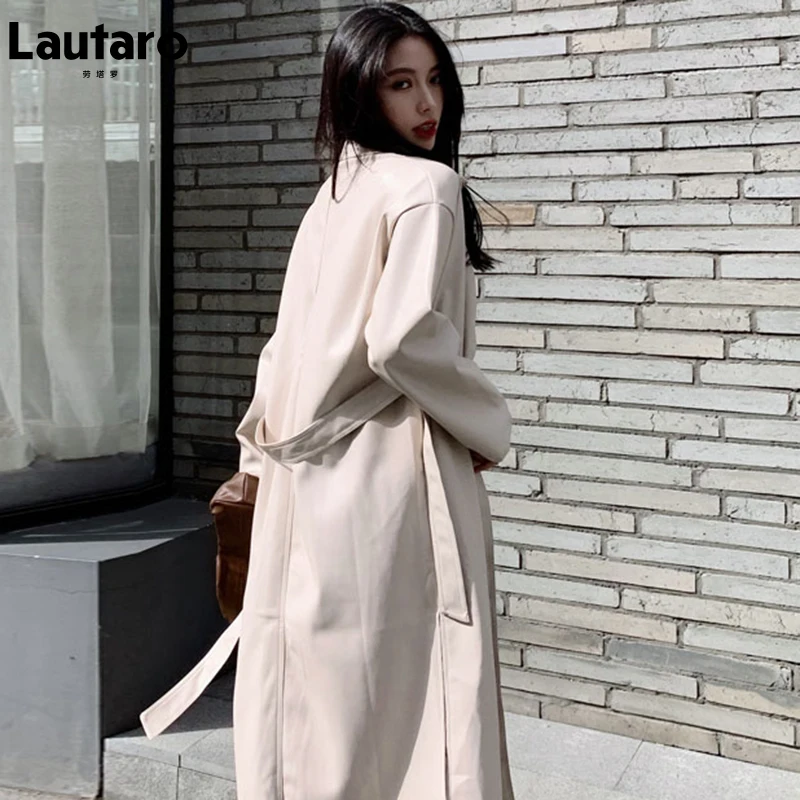 Lautaro-Manteau long en cuir PU avec ceinture pour femme, noir, cool, simple boutonnage, mode coréenne, vente en gros, vêtements d\'automne, 2022