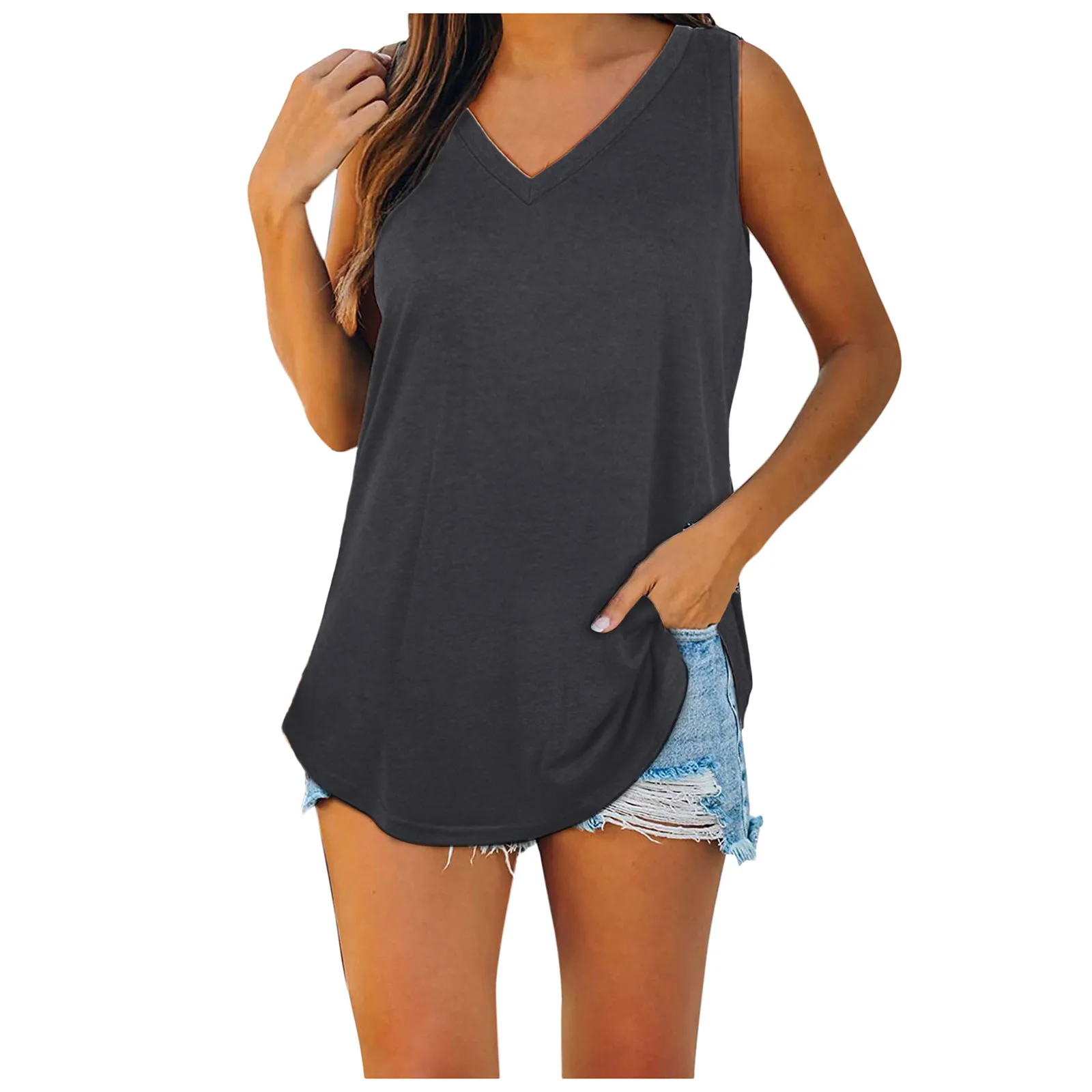 Women'S Summer Solid Color V-Neck Sleeveless Vest Top Elastic And Comfortable Sports Vest Lightweight Sweat Absorbing Breathable