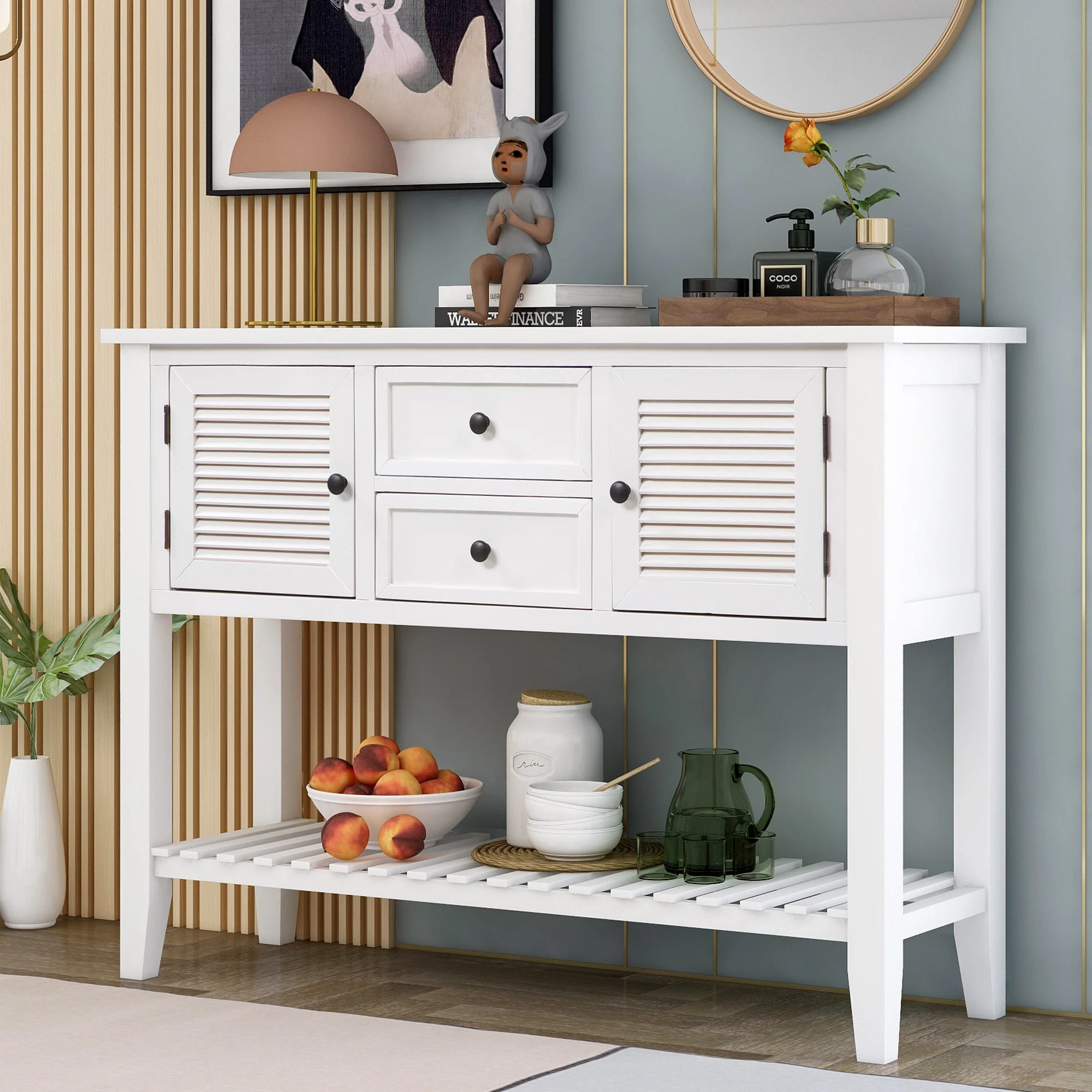 Three Colors Console Table Sideboard with Shutter doors Two Storage Drawers and Bottom Shelf for Entryway Living Dining Room