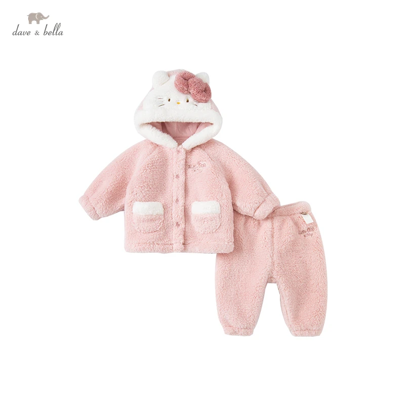 DBM20295 dave bella winter baby girls fashion cartoon hooded pajamas newborn baby underwear casual sleepwear 2 pcs suit