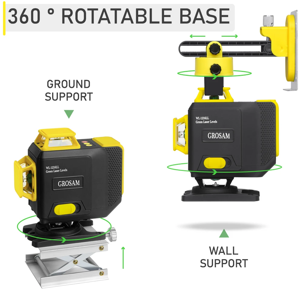 GROSAM 3/4D Laser Levels Level Self-Leveling 360 Rotatable Base Horizontal And Vertical Cross Super Powerful Green Laser Level