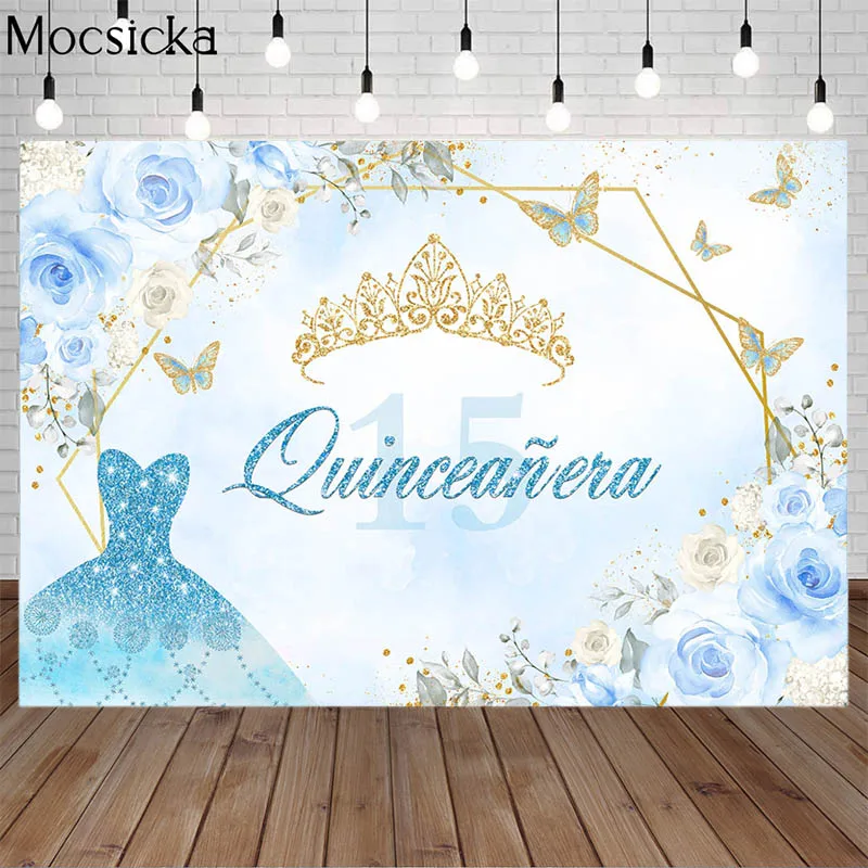 Quinceanera 15 16th Princess Birthday Party Backdrops Sweet Girl Dress Flowers Glitter Crown Decor Props Photo Booth Background