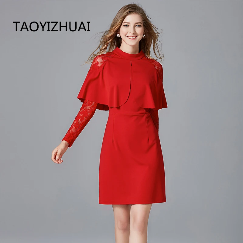 TAOYIZHUAI autumn  vintage style lace women dress red and black color big size above knee full sleeves elegant party dress 16052