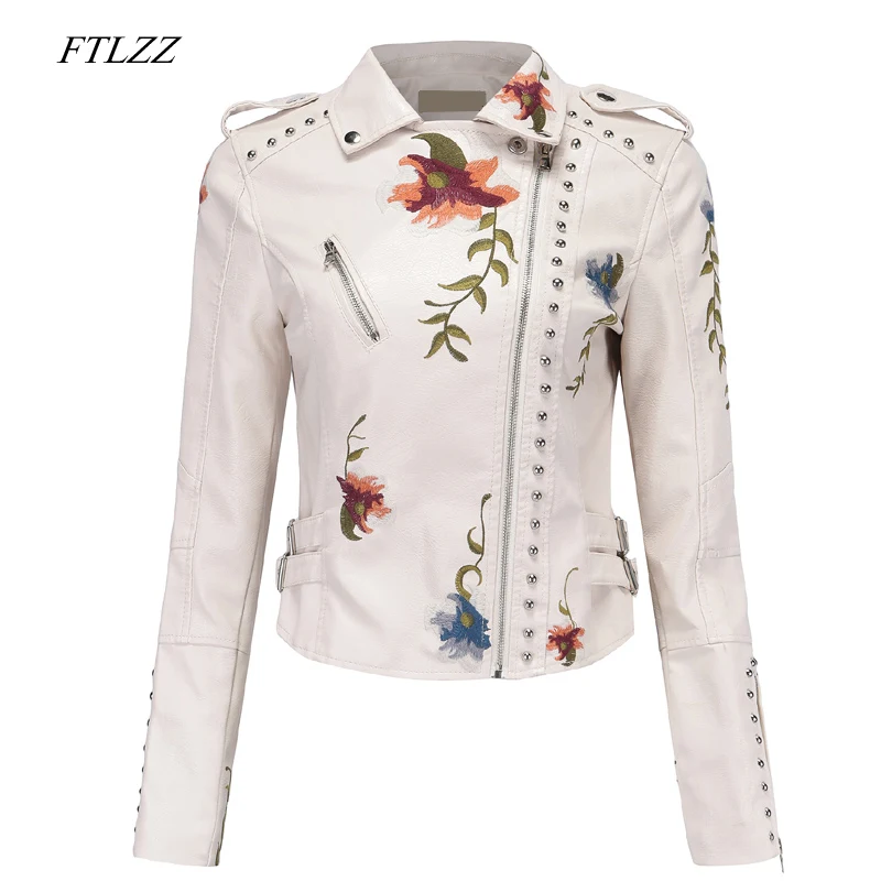 FTLZZ Floral Print Embroidery Women Pu Leather Jacket Turn-down Collar Faux Soft Leather Motorcycle Black Short Punk Outerwear