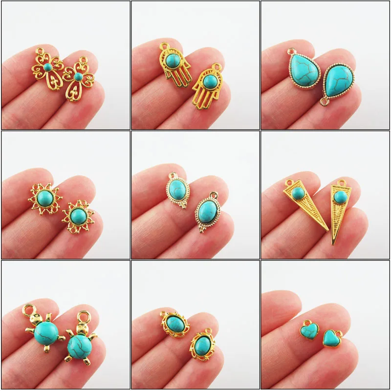 

New Flower Heart Teardrop Animal Cross Palm Turquoise Stone Charms Gold Color Pendants Retro