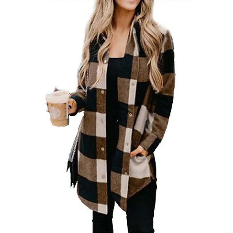 

Autumn Polyester Women's Shirt Notched Long Sleeve Button Cardigan Plaid Loose Pockets Fashion Office Lady Shirt