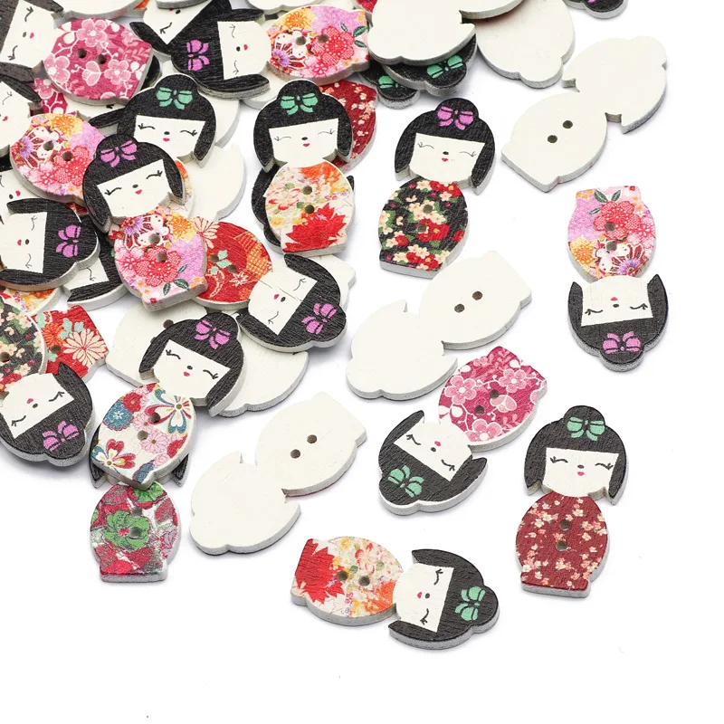 50Pcs Girl Wooden Buttons 2Hole Clothes Buttons For Crafts Scrapbooking Sewing Clothing Decoration DIY Kid Apparel Accessories