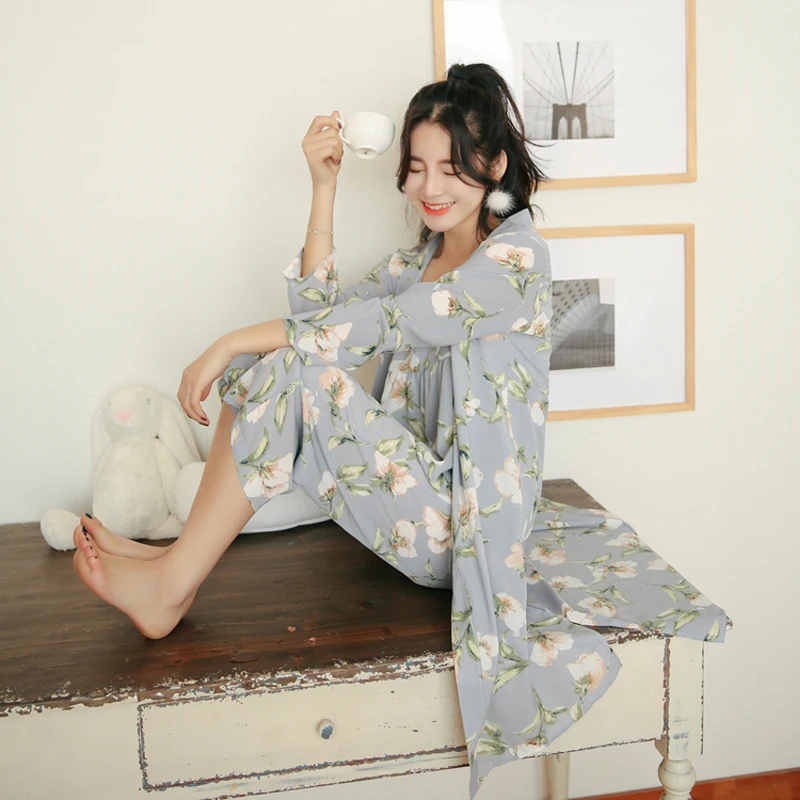 3 Miếng Phụ Nữ Nhật Bản Kimono Bộ Đồ Ngủ Cotton Đồ Ngủ Pijama Mềm Mại Nhà Quần Áo Họa Tiết Hoa In Ngủ Phòng Chờ Bộ Pyjama Pyjamas Bộ