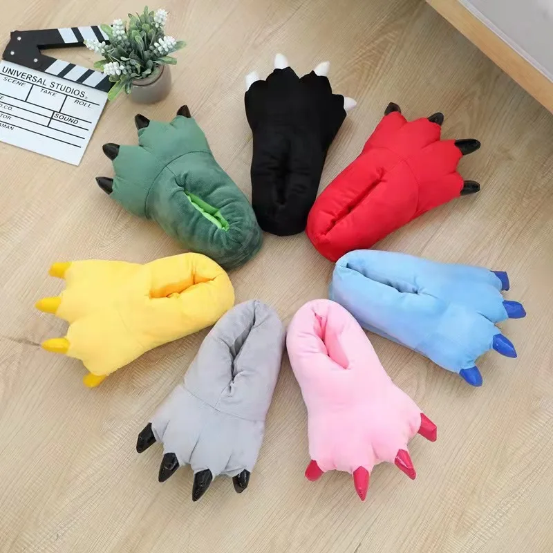 Winter Dinosaur Paw Cotton Slippers Cartoon Couple Warm Slippers Men's Tiger Paw Slides Children Monster Shoes Bedroom Sandals