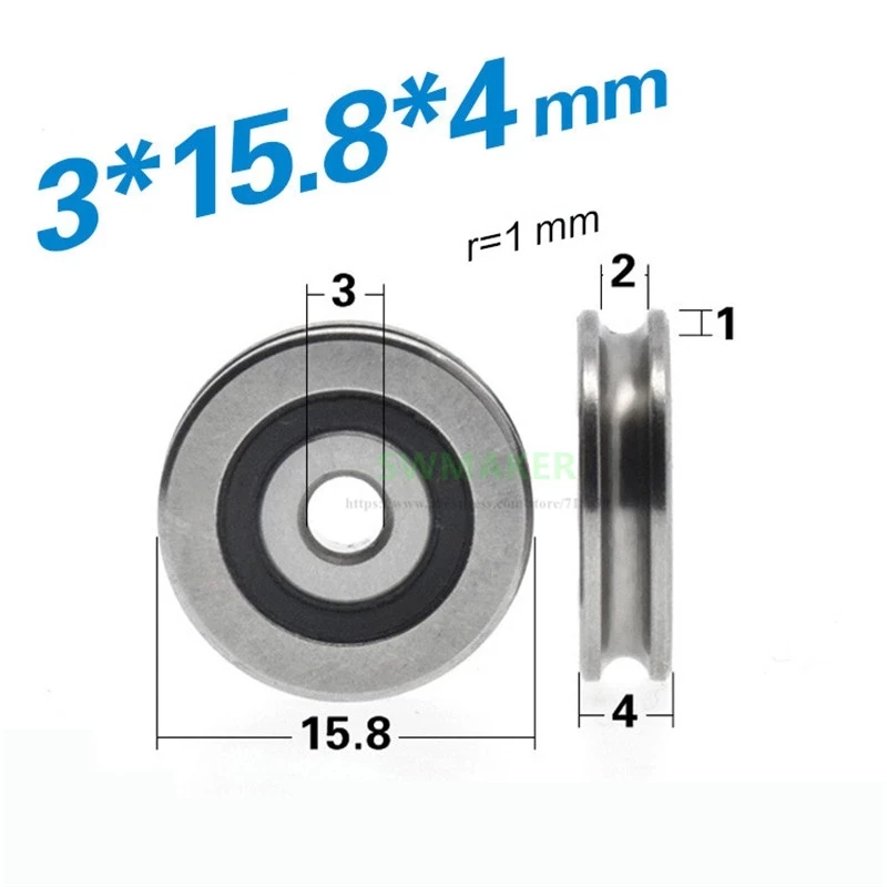 1pcs 3*15.8*4mm U-groove concave wheel metal wheel / guide wheel / bearing wheel for R1 rail / steel wire rope 3*16*4mm