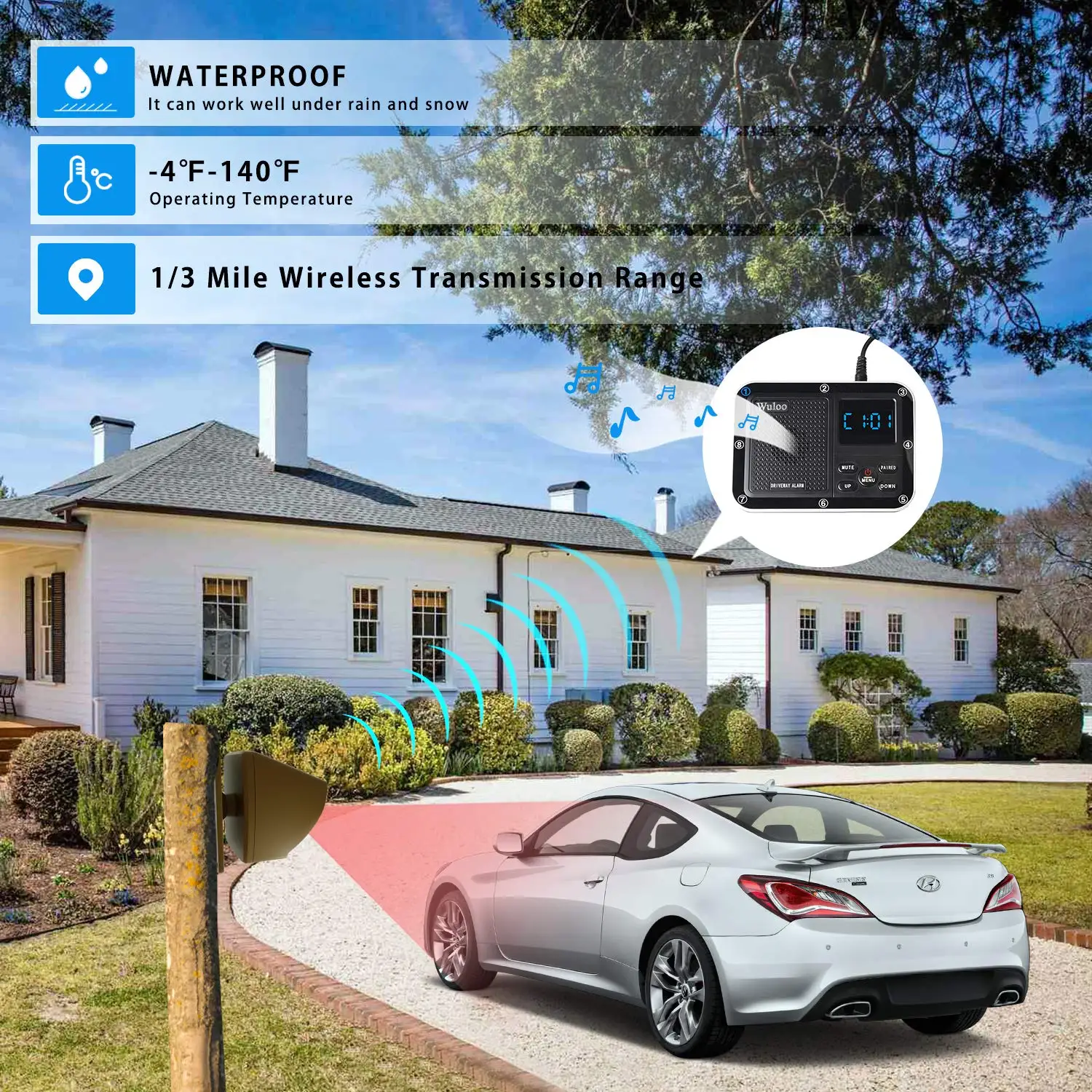 Wuloo Wireless Driveway Alarms, Outdoor Weather-Proof, Motion Directors, Home Yard, Garden Security System, 1800 Feet Long Range