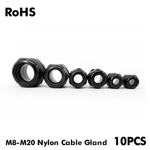 Waterproof Cable Gland 10pcs Cable entry IP68 M8 for 2-4.8mm M10 M12 M16 M18 M20 Gray Black Nylon Plastic Connector