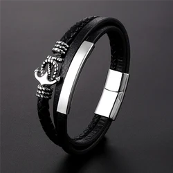 Punk Men Jewelry Bracelet Black Multi-layer Leather Anchor Bracelet Stainless Steel Magnetic Clasp Male Best Gifts For Parties