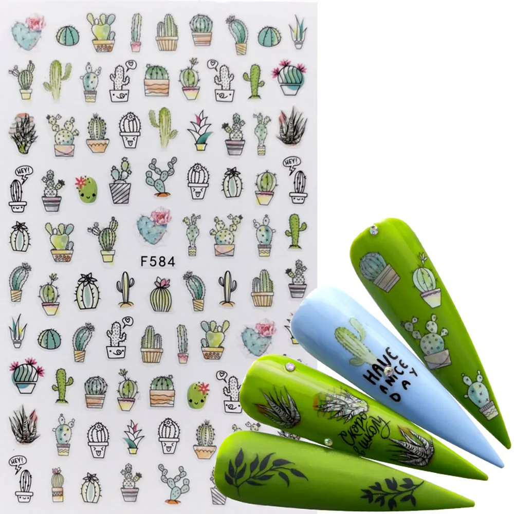 Geometric Nail Art Avocado Cactus Nail Stickers For Manicure Nail Decals Adhesive Decal Wolf Kiwi Flower Leaves Nail Stickers 3d