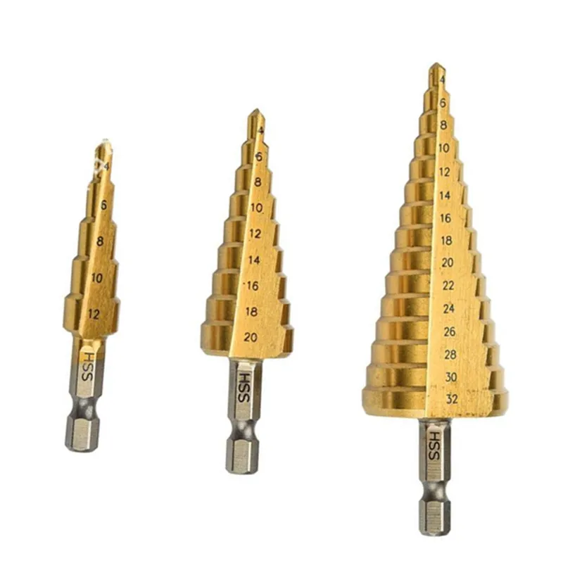 SANAI 3PCS Step Drill Bit Set 3-12mm 4-12mm 4-20mm 4-32mm HSS Straight Groove Titanum Coated Wood Metal Hole Cutter Core Drill