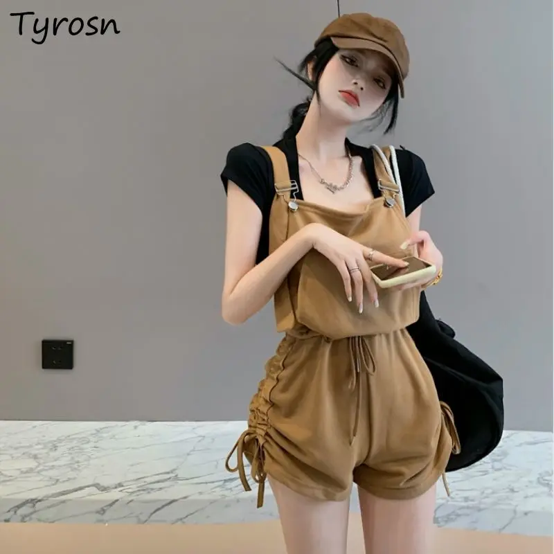 

Women Rompers Straps Solid Overalls Shirring Designed Stylish Leisure All-match Ulzzang Elegant Lady Safari Style Hot Chic Daily