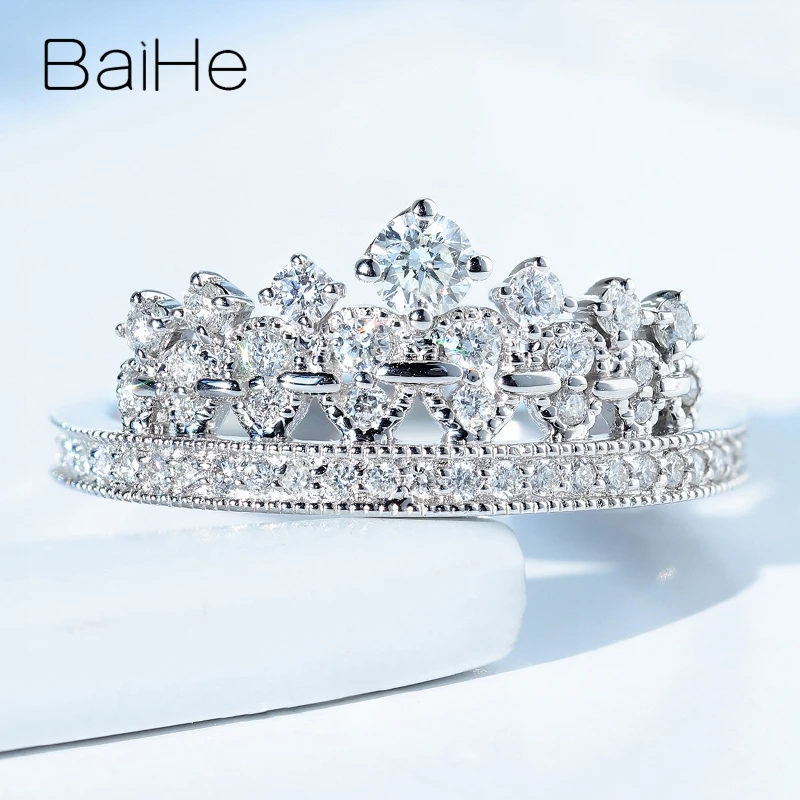 

BAIHE Solid 14K White Gold 0.34ct H/SI Natural Diamond Crown Ring Women Trendy Wedding Fine Jewelry Making טבעת כתר خاتم التاج