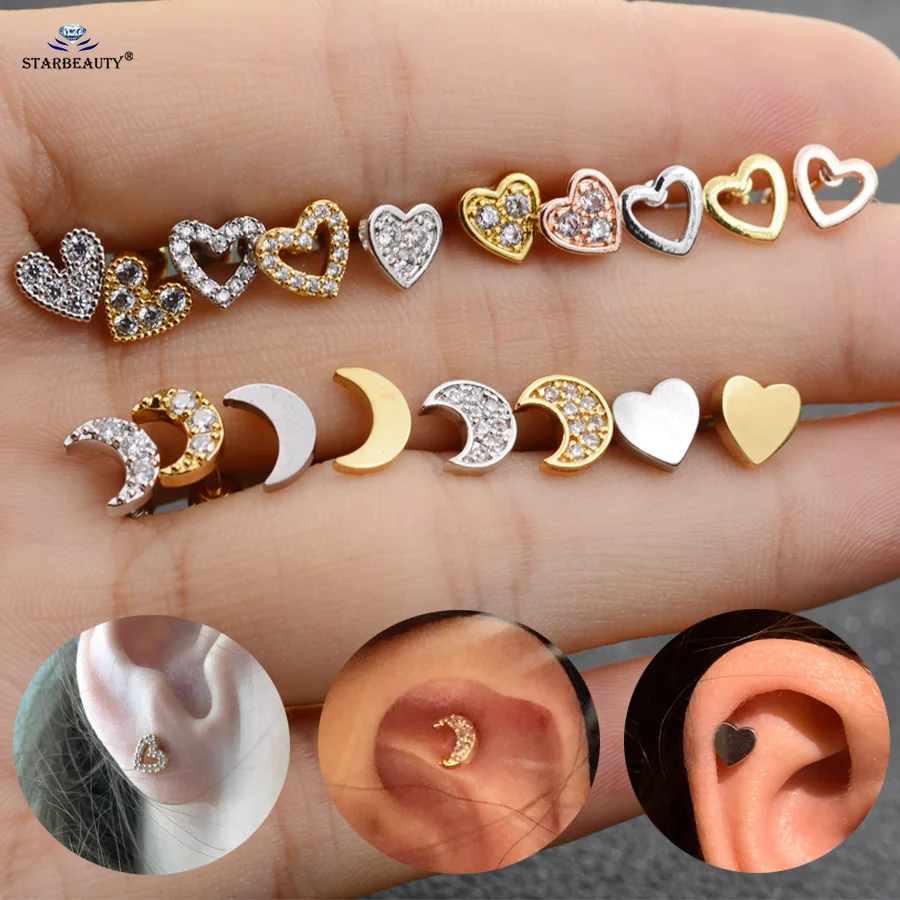 Starbeauty 1pc Mirco Inlaid Gem Moon Heart Tragus Helix Piercing Oreja Gold Color Ear Piercing Cartilage Earrings Studs